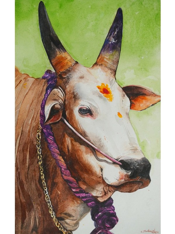 Majestic Jallikattu Kalai â€“ Original Indian Bull Watercolor Painting