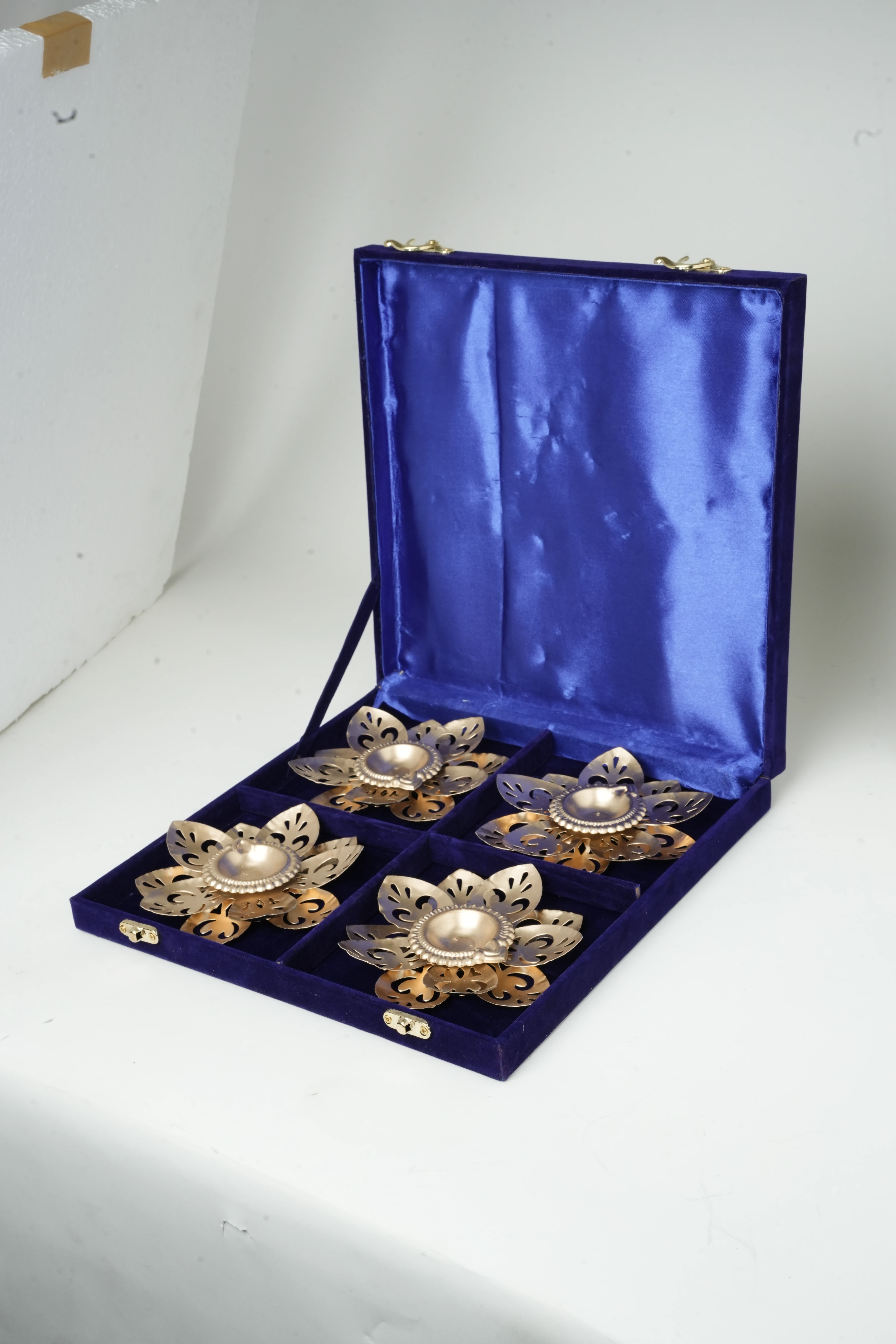 Lotus Design Brass Diya Set with Premium Velvet