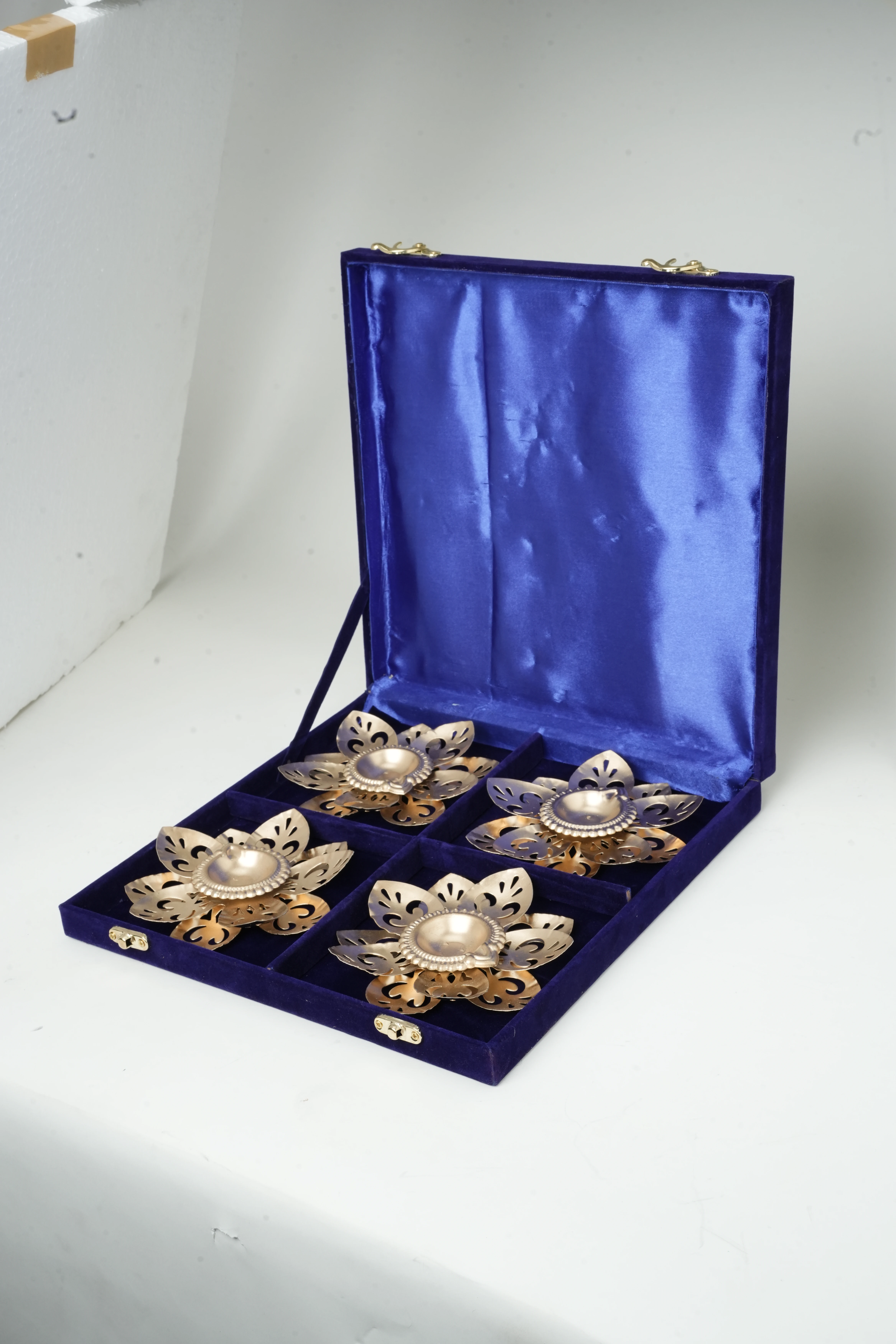 Lotus Design Brass Diya Set with Premium Velvet