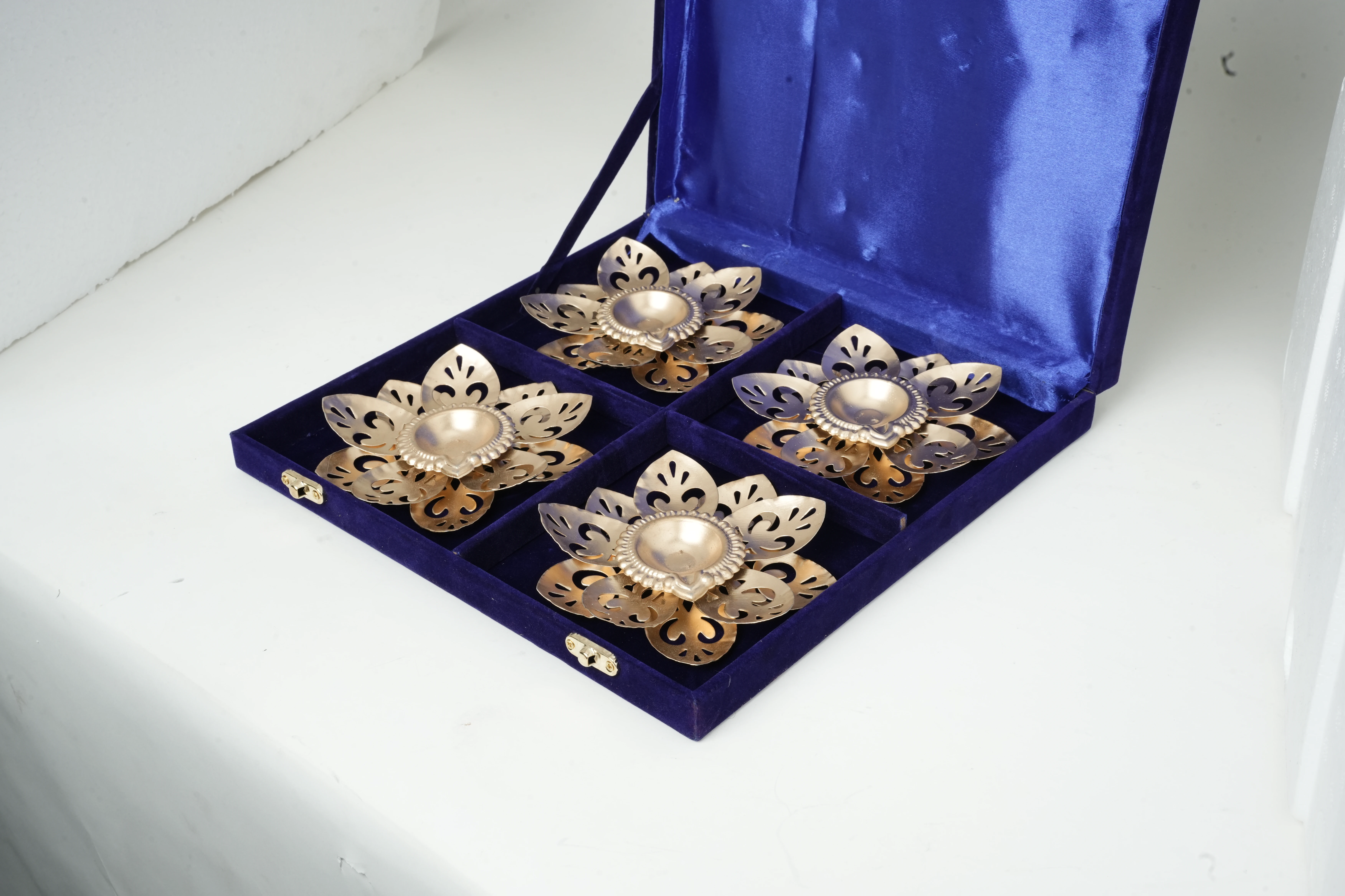 Lotus Design Brass Diya Set with Premium Velvet