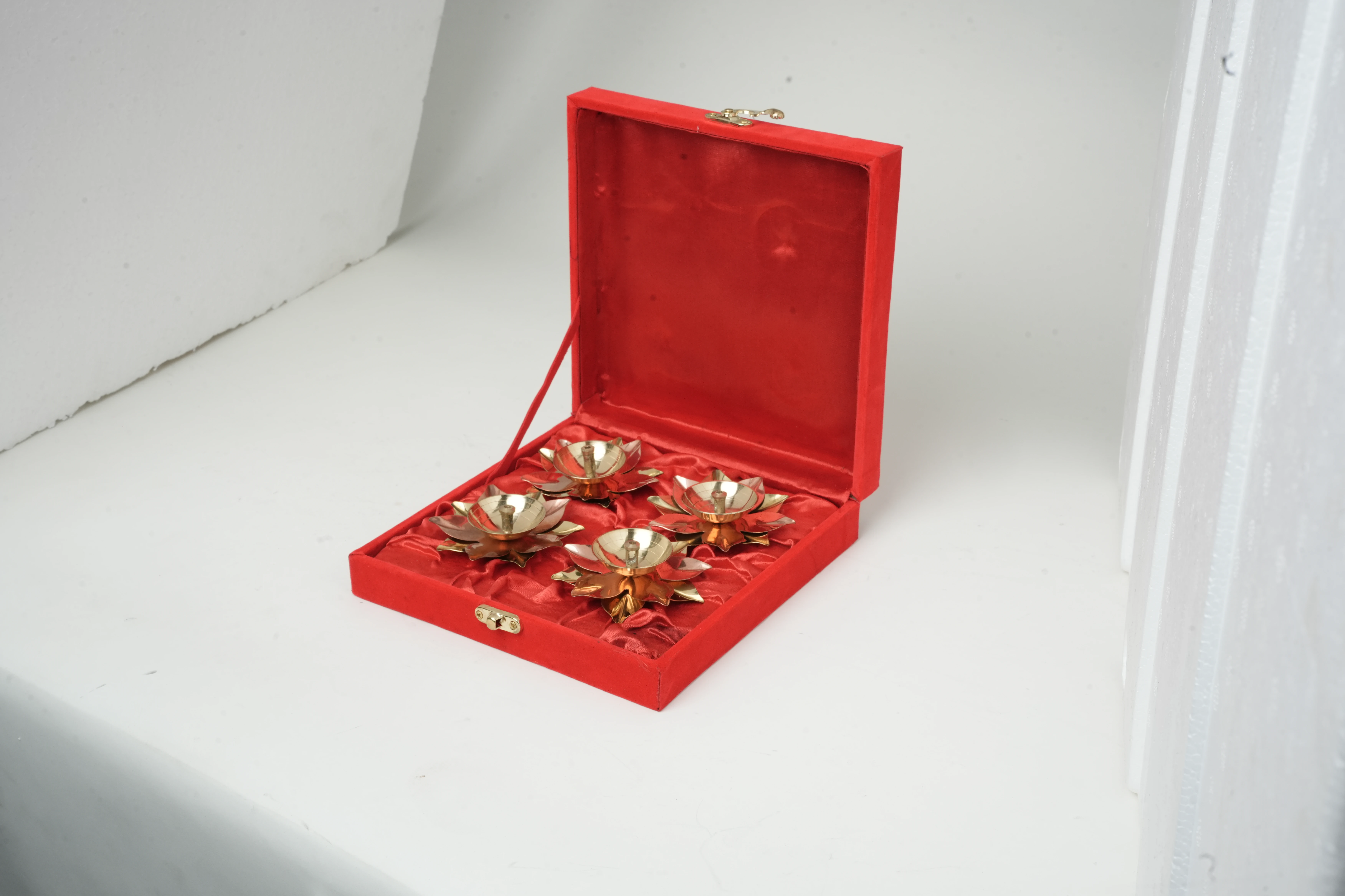 Lotus Brass Diya Set Of 4 With Premium Red Velvet