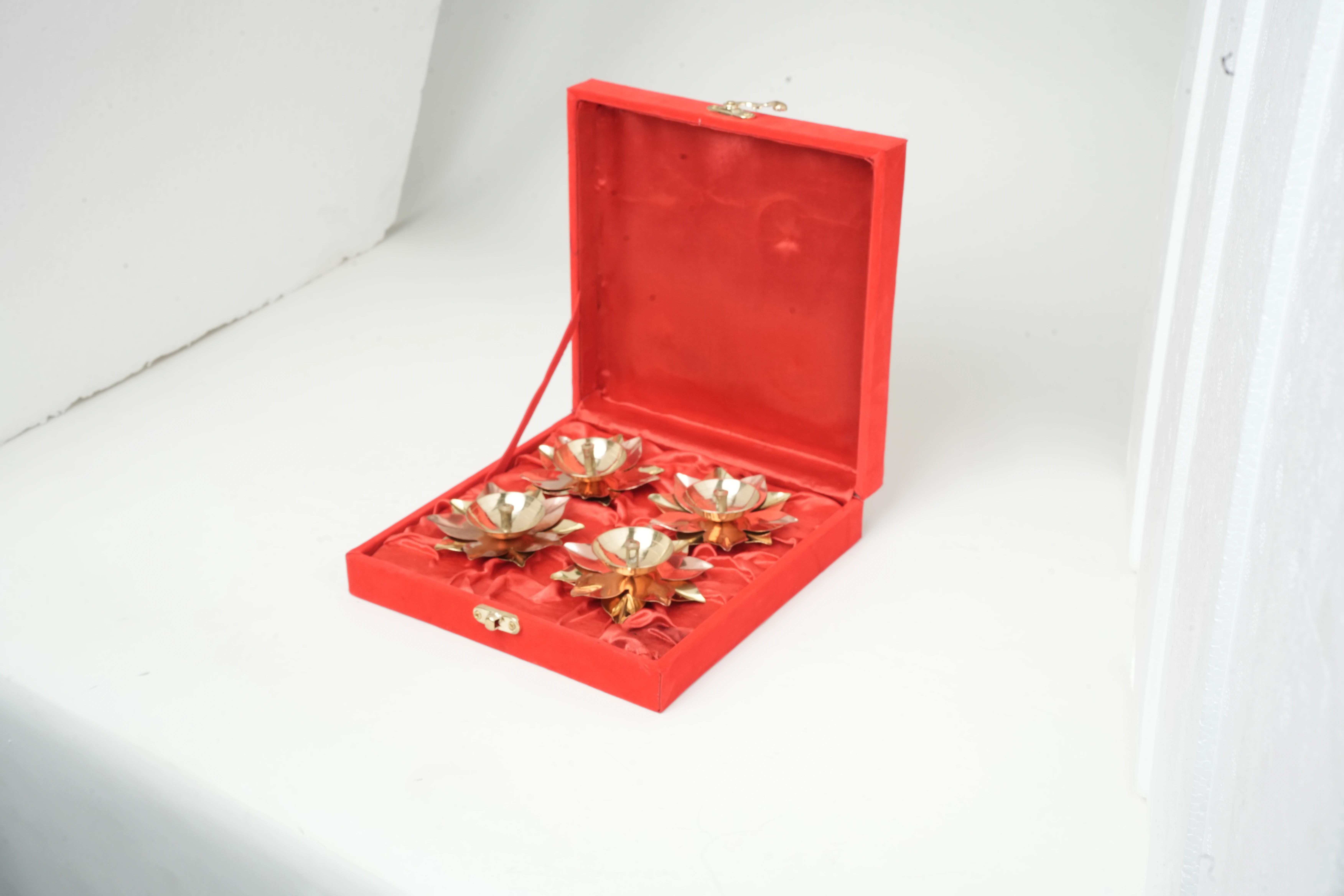 Lotus Brass Diya Set Of 4 With Premium Red Velvet