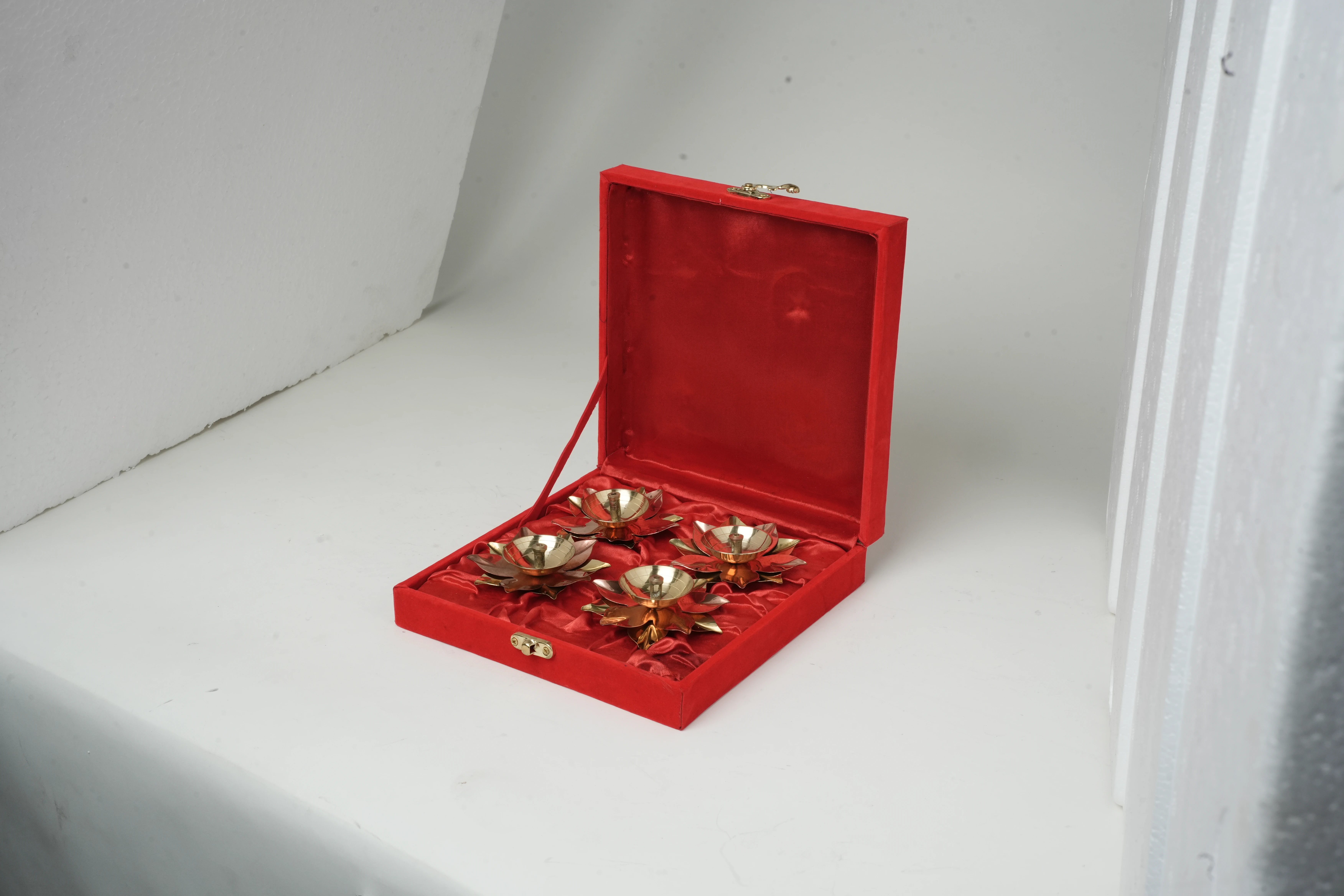Lotus Brass Diya Set Of 4 With Premium Red Velvet