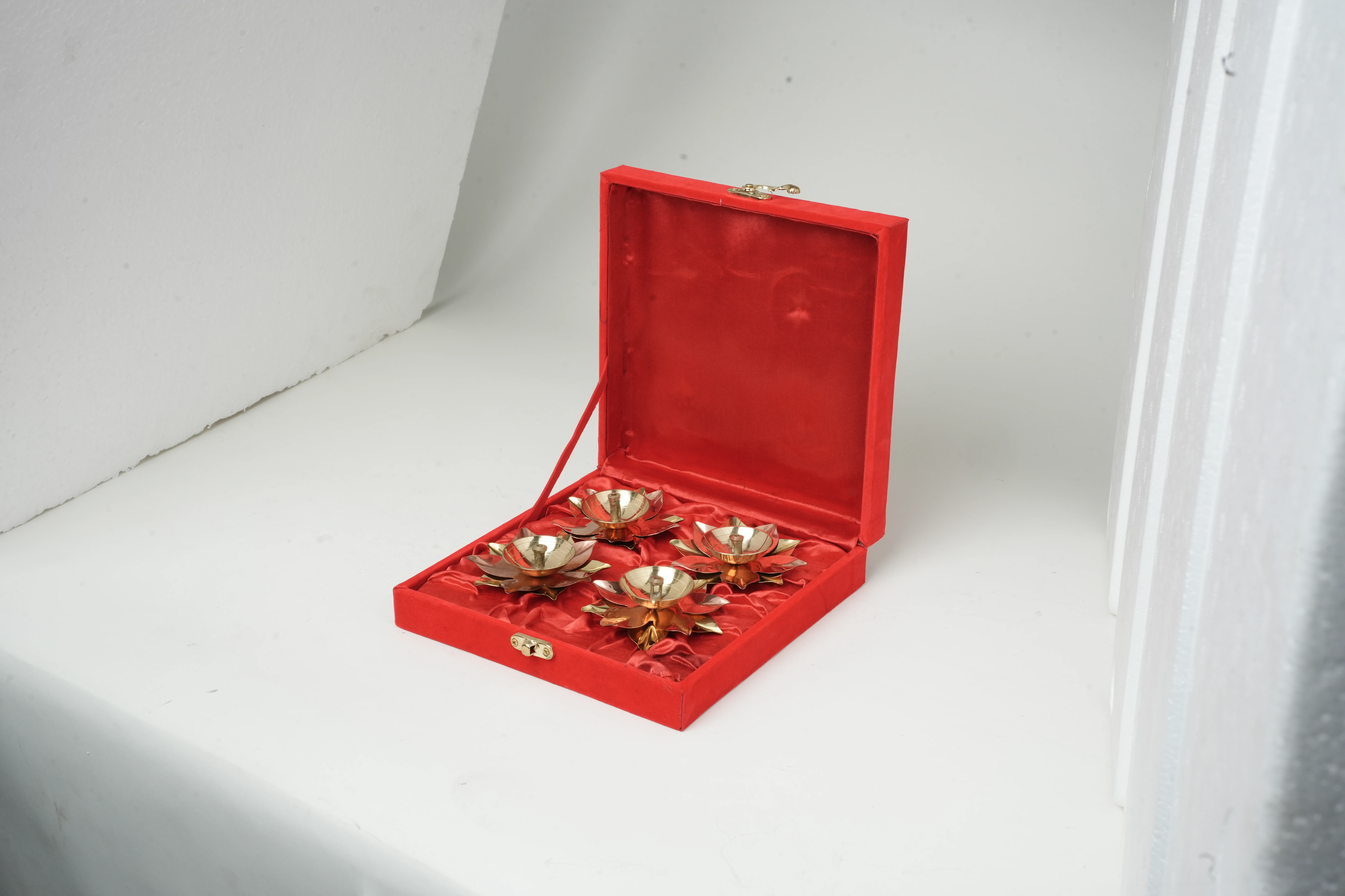Lotus Brass Diya Set Of 4 With Premium Red Velvet