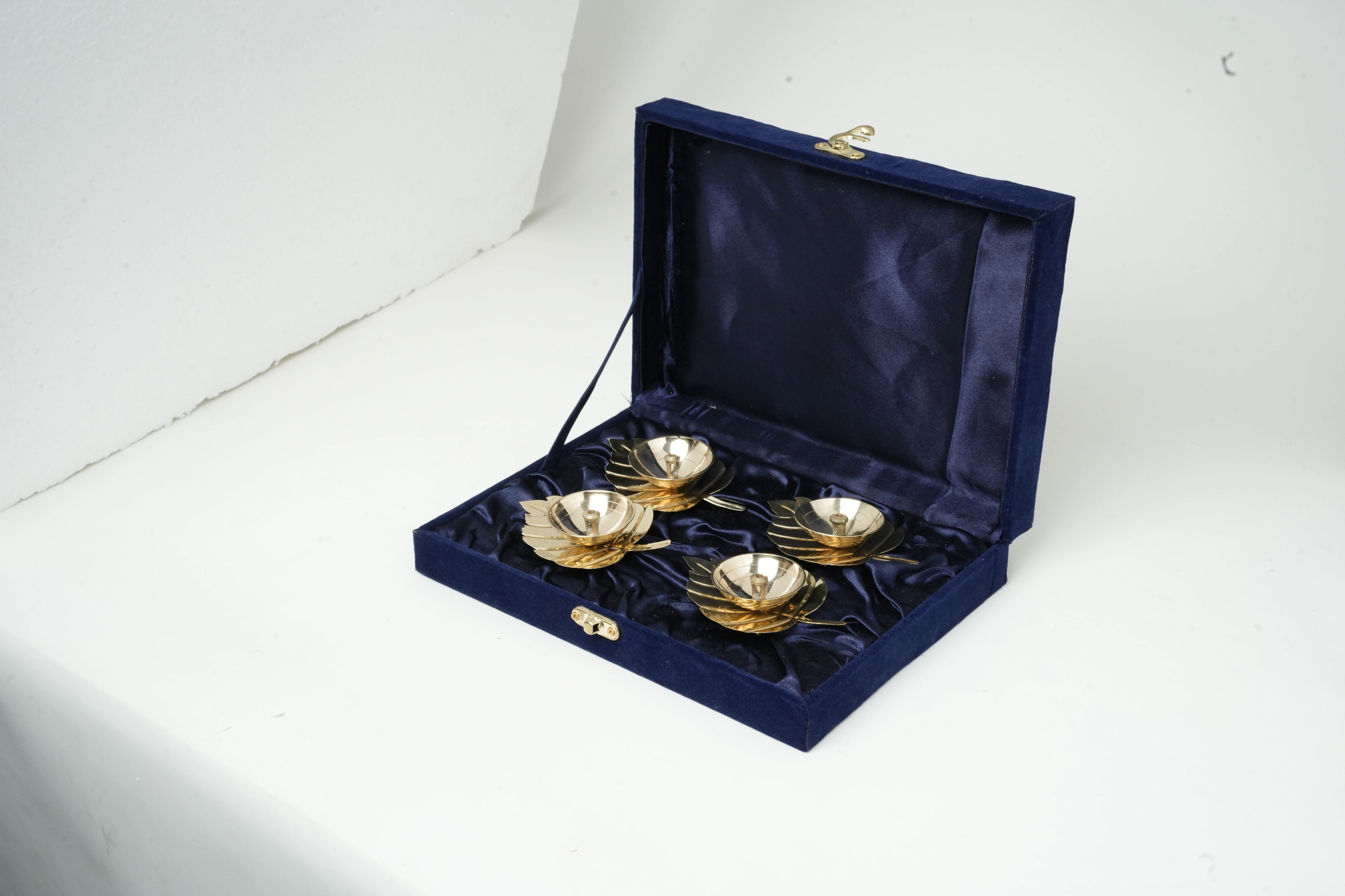 Brass Leaf Design Diya Set with Royal Blue Velvet