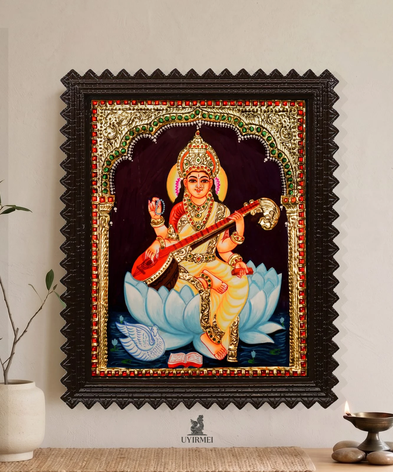 Goddess Saraswati Tanjore Painting with 22k Gold Foil