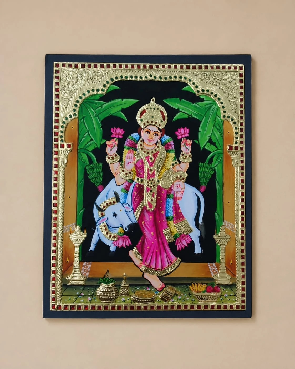 Goddess Lakshmi with Kamadhenu Tanjore Painting | 22K Gold Foil